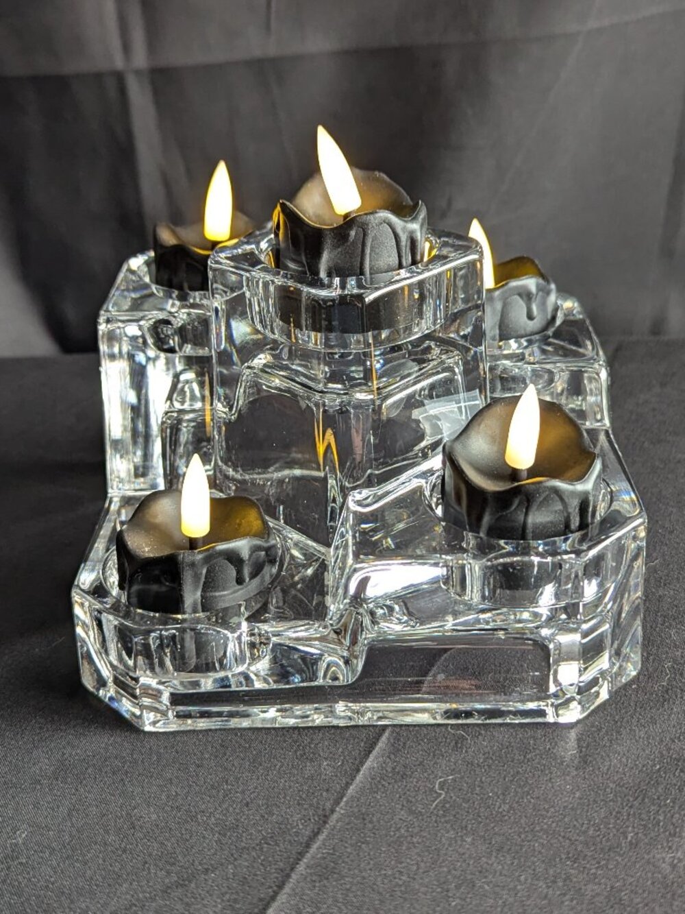 Vintage Clear Glass 5 Tealight Candle Holder Tiered Stepped Pyramid Centerpiece